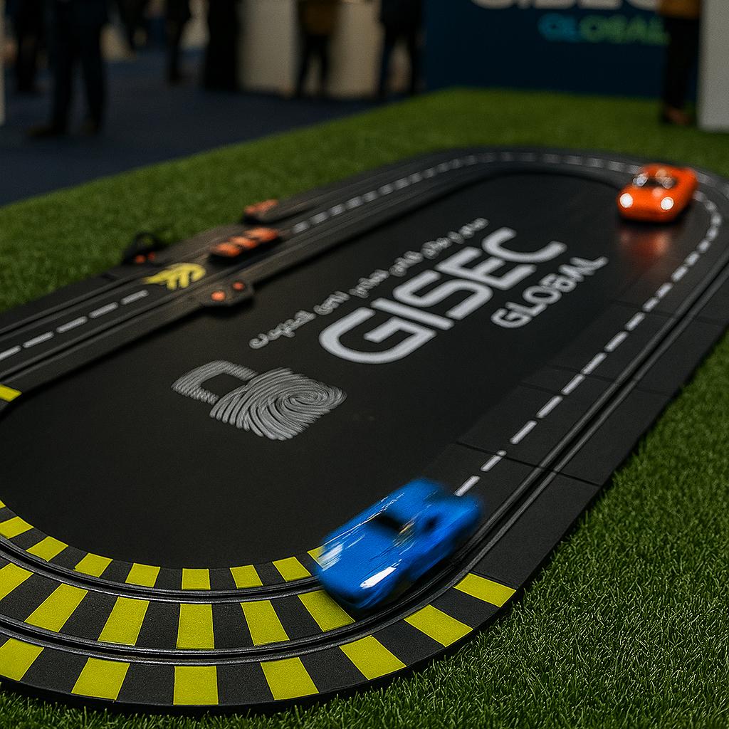 Guest wearing brainwave headband racing a slot car using mind control at a Dubai tech event. Interactive, hands-free game rental for events and exhibitions